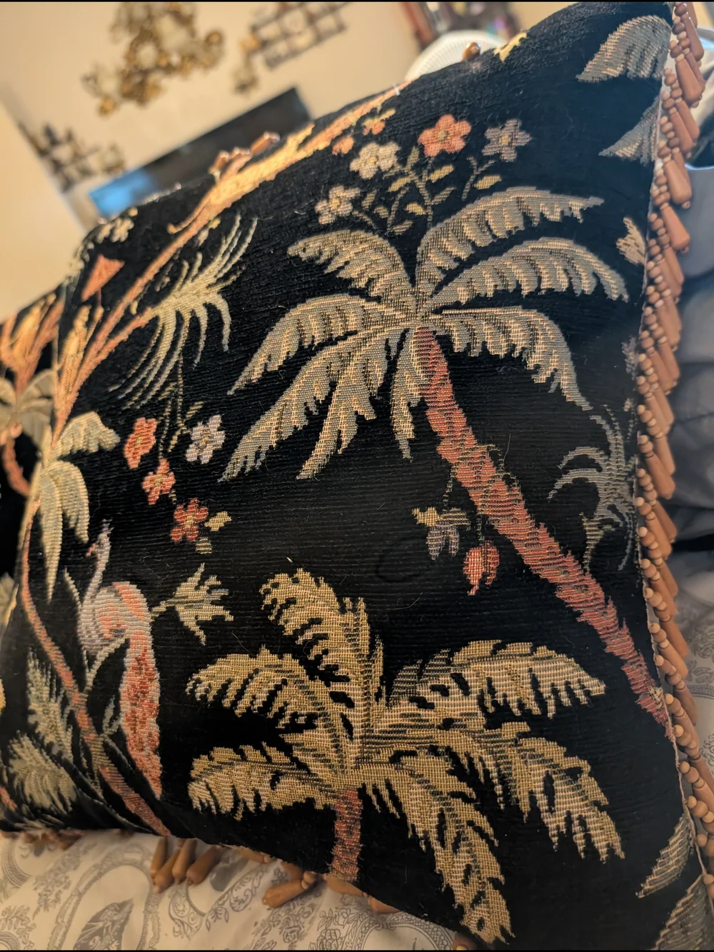 Vintage 90's Tapestry Pillows Woven Jacquard Wooden Beaded Trim Set Of 2